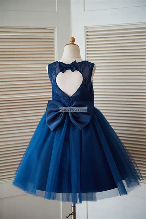 Navy Blue Lace Tulle Keyhole Back Wedding Flower Girl Dress With Sash