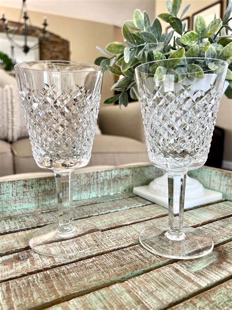 Set Of Two Waterford Crystal Water Goblets Or Large Wine Glasses Alana Pattern Signed Wedding