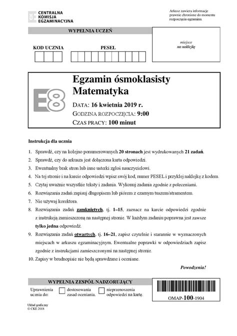 Egzamin Smoklasisty Matematyka Odpowiedzi Rozwi Zania Arkusze