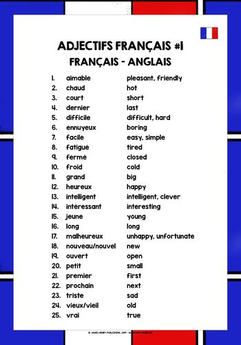 French Adjectives List 1 Teaching Resources