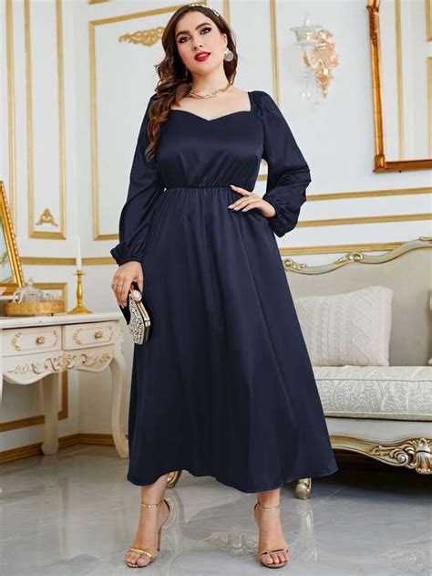 SHEIN Modely Plus Sweetheart Neck Lantern Sleeve Satin Dress For Sale