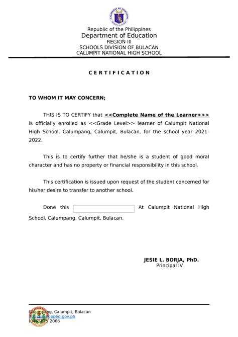 01 Certificate Of Good Moral Character Sample Word Republic Of The Philippines Department Of