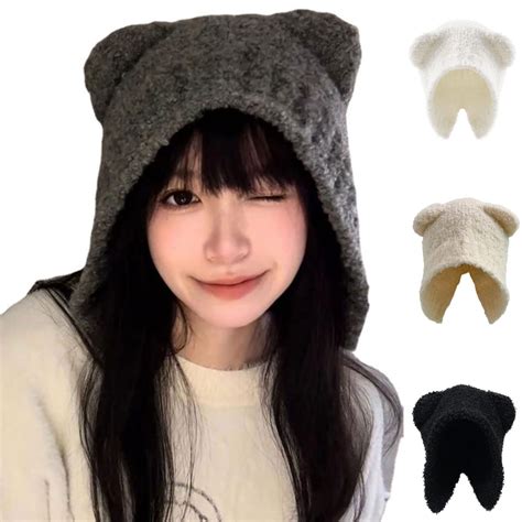 Fantasygears Y2k Bear Ears Beanie Crochet Hat For Women Kawaii Warm