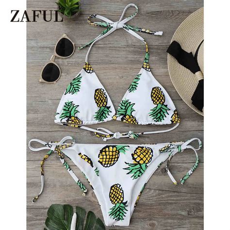 Zaful 2018 Women New Pineapple String Bikini Set Sexy Mid Waisted Print Halter Tropical Style