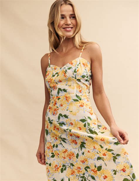 Yellow Floral Linen Blend Pippin Midi Dress