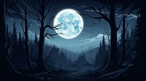 Un Bosque Oscuro Con Una Luna Llena En El Fondo Vector Premium