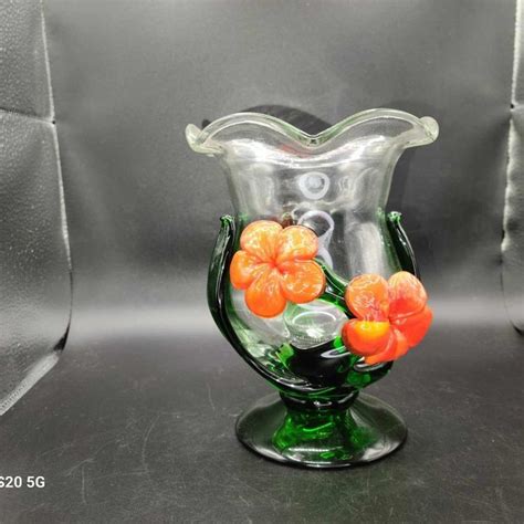 Vintage Art Glass Vase Ruffled Edges Orange Red Flowers Green Leaves