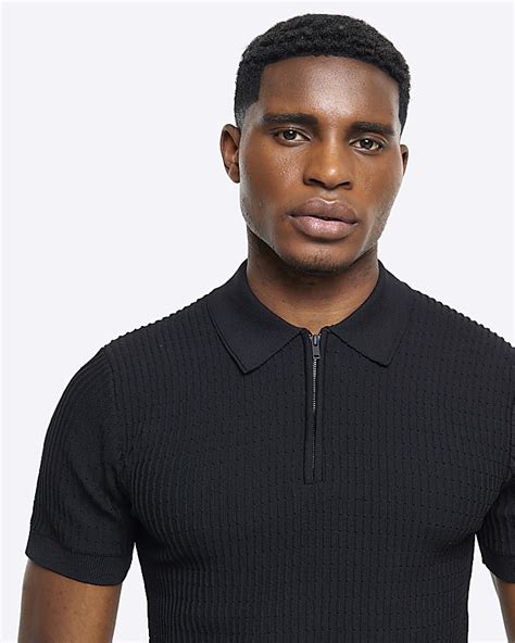 Black Muscle Fit Knitted Half Zip Polo River Island