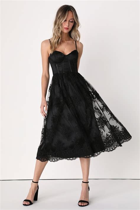 Black Midi Dress Lace Dress Bustier Dress Sleeveless Dress Lulus