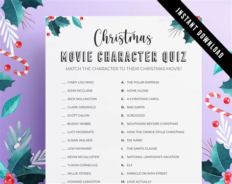 Match the Christmas Movie Characters Quiz Christmas Activity Printables ...