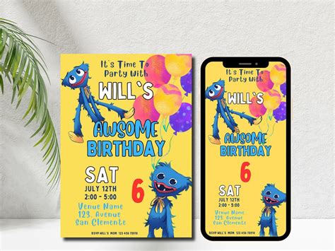 Huggy Wuggy Kids Invitation Birthday Huggy Wuggy Digital Etsy