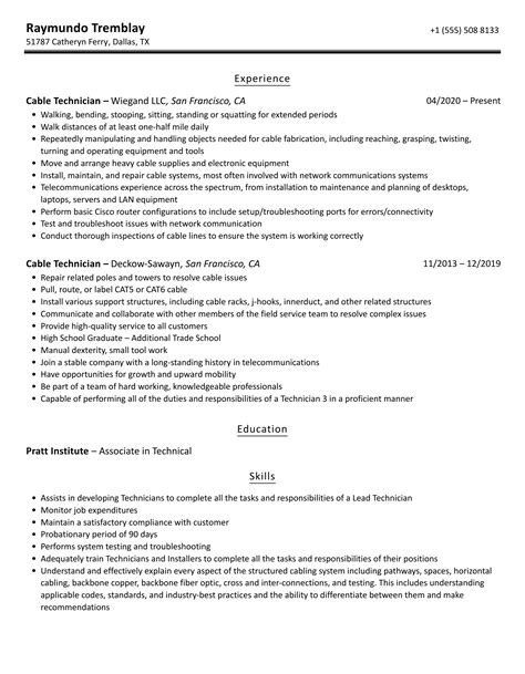 Cable Tech Resume 5 Cable Technician Resume Examples Guide For 2024