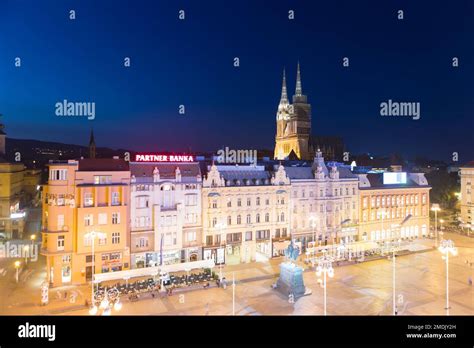 Croatia Zagreb The Main Square Trg Bana Jelacica At Night Stock