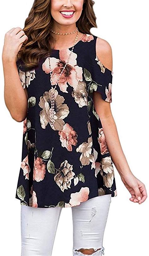 Viracy Womens Cold Shoulder Shirts Short Sleeve Casual Floral Tunic