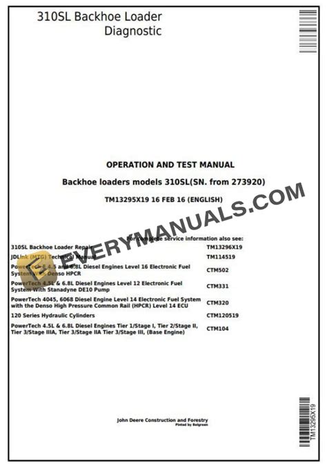 John Deere 310SL Backhoe Loader Diagnostic Operation Test Manual TM13295X19