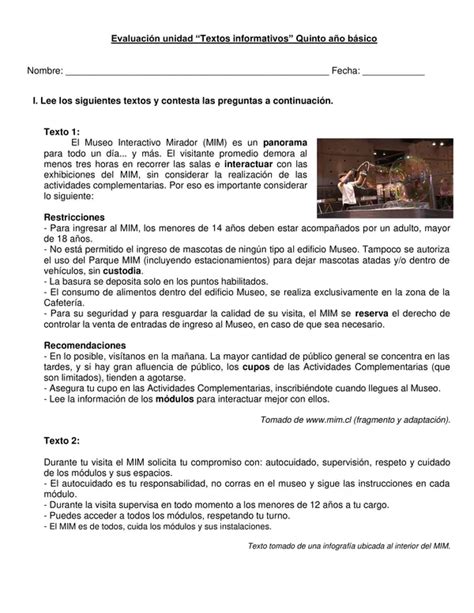 Evaluación editable de lenguaje Texto informativo 5 año profe social