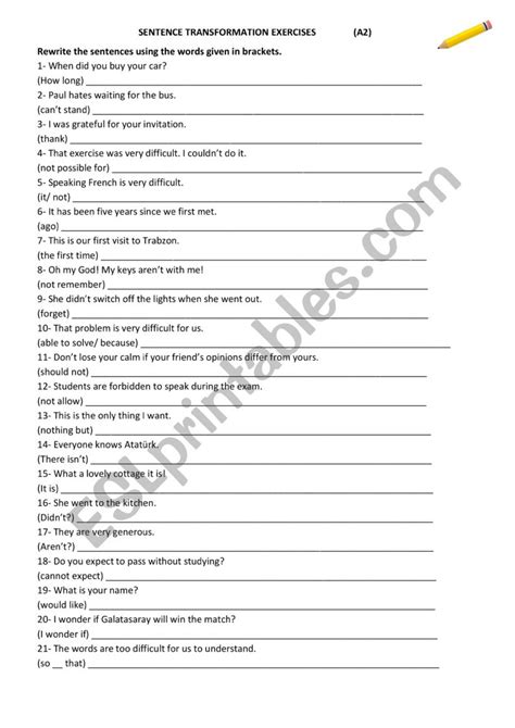 Sentence Transformation Rewrite Exercises Esl Worksheet By Burcug Teacher