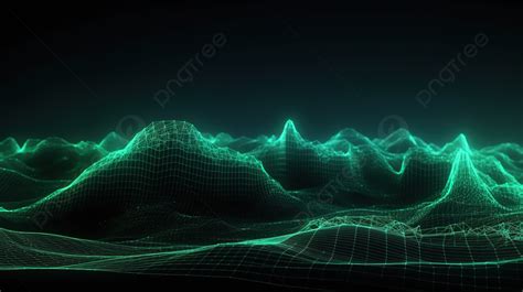 흐르는 녹색 선과 점이 있는 미래형 사이버 그리드 3d 렌더링된 추상 풍경 미래 배경 사이버 패턴 기술 기하학적 배경