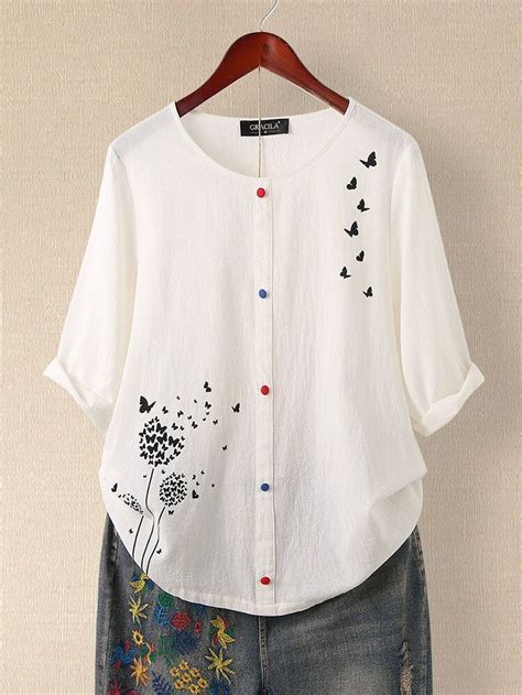 White Floral Shift Cotton Boho Blouses Noracora Floral Long Sleeve