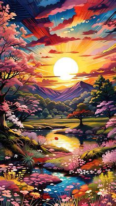 A Painting Of The Sun Setting Over A Lake With Trees And Flowers In