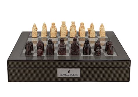 Dal Rossi Italy Isle Of Lewis Chess Set On A Carbon Fibre Shiny Finish