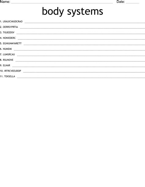 Body Systems Word Scramble Wordmint