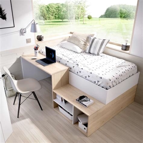 Cama Compacta Con Escritorio Kric Acabado Blanco Natural Kitmuebles