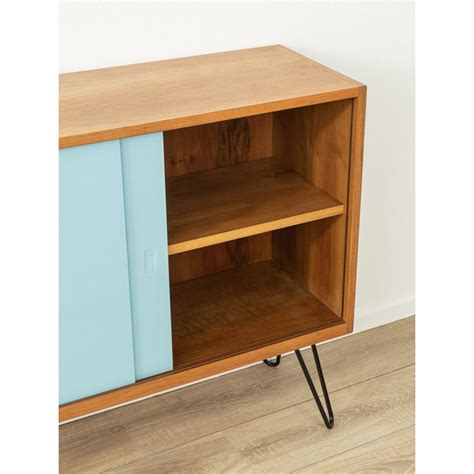 Vintage Teakholz Sideboard Mit Zwei Schiebet Ren Aus Hellblauem Glas