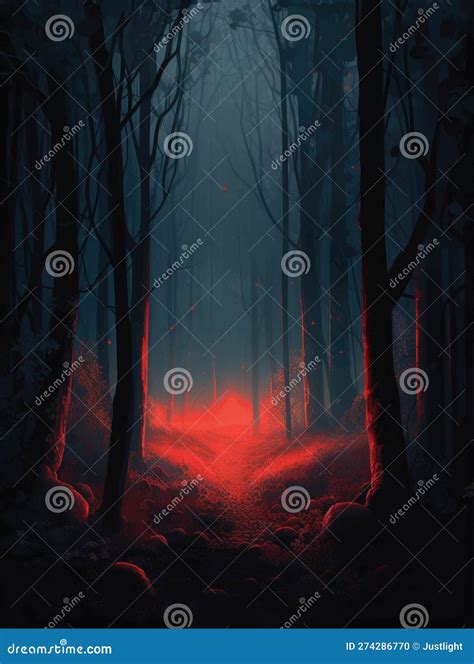 Dark Forest Lit Up With Eerie Red And Een Lights Giving The Woods A