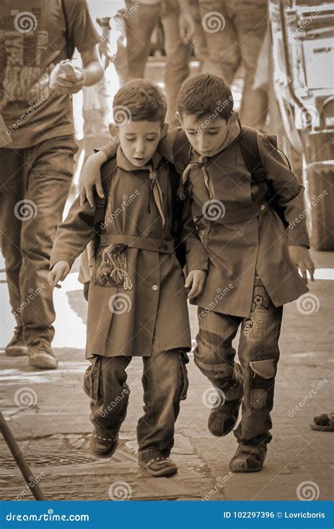 The Two Syrian Boys Happily Go To School Editorial Photo - Image of ...