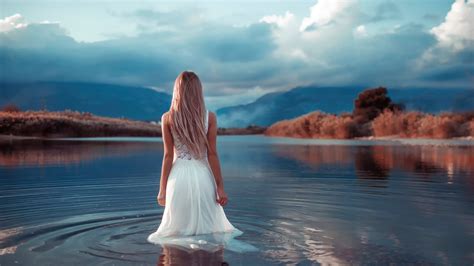 3440x1440 Blonde Girl Long Hair White Dress Walking In Lake Ultrawide Quad Hd 1440p Hd 4k