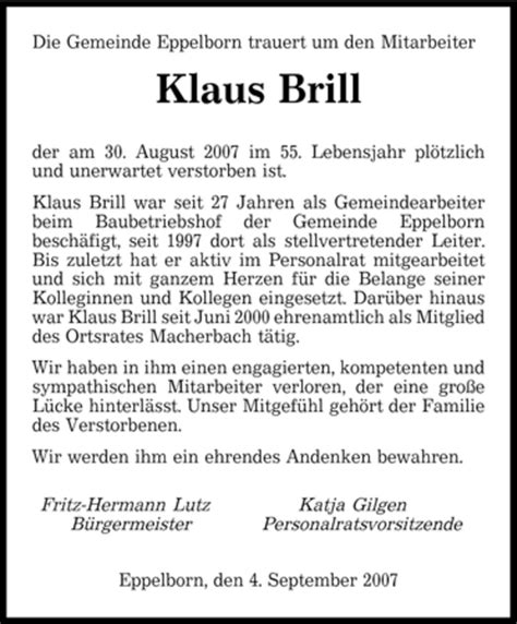 Traueranzeigen Von Klaus Brill Saarbruecker Zeitung Trauer De