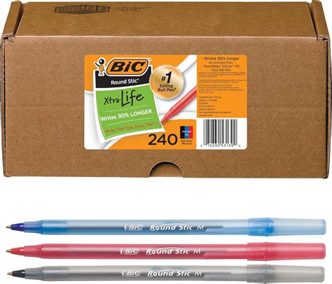 Bic Round Stic Xtra Life Ball Pen Medium Point Black Blue Red