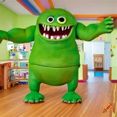 Big Tall Green Monster With A Big Round Head And Bulgy Black Eyes With An Open Mouth Smile With