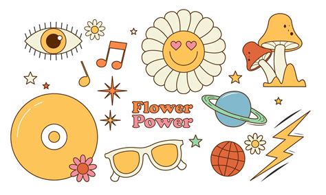 Sticker Pack Groovy Hippie 70s Set Trendy Retro Psychedelic Cartoon