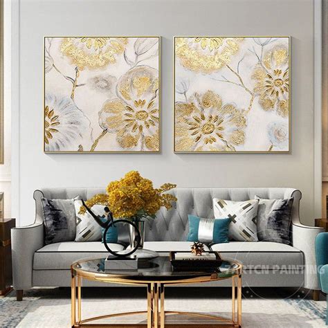 Set Of 2 Gold Silver Abstract Flower Wall Art Framed Wall Art Original