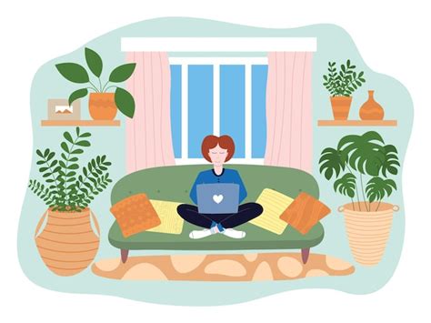 Premium Vector Woman Sitting On Sofa And Working At Laptop Flat Style