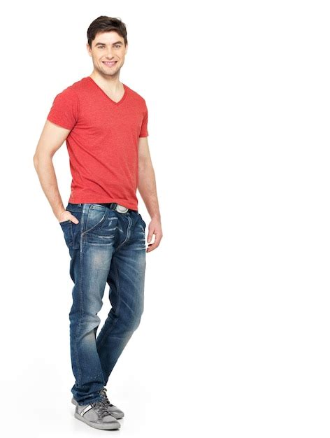 Free Photo Full Portrait Of Smiling Happy Handsome Man In Red T Shirt