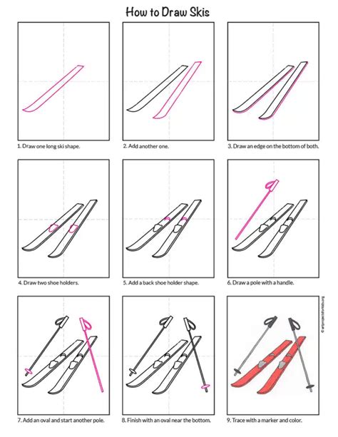 Easy How To Draw Skis Tutorial And Skis Coloring Page