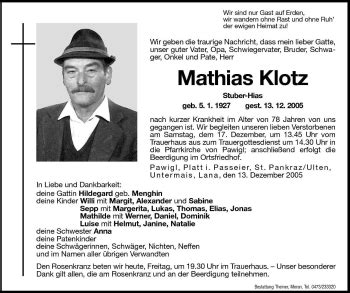 Traueranzeigen Von Mathias Klotz Trauer Bz