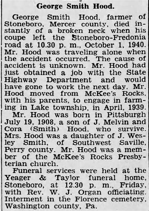 Obituary For George Smith Hood 1908 1940