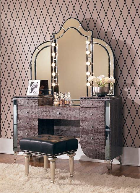 Hollywood Swank Upholstered Vanity and Mirror by AICO | Aico Bedroom Furniture