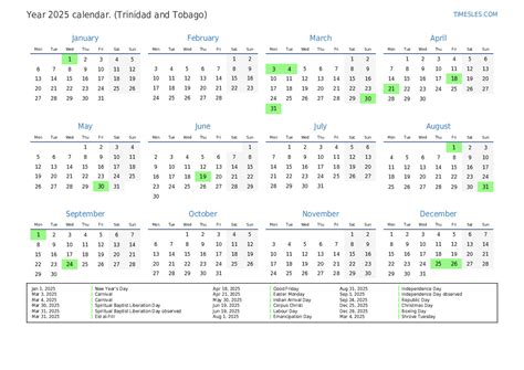 January Calendar With Holidays Trinidad And Tobago Island