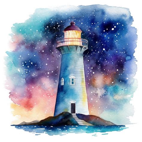 Watercolor Lighthouse In The Night Sky Premium Ai Generated Image