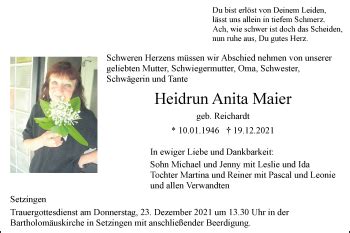 Traueranzeigen Von Heidrun Anita Maier S Dwest Presse Trauer