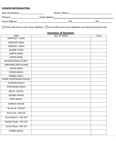 Printable Donation List Template