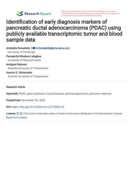 Pdf Identification Of Early Diagnosis Markers Of Pancreatic Ductal