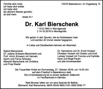 Traueranzeigen von Dr Karl Bierschenk Schwarzwälder Bote Trauer