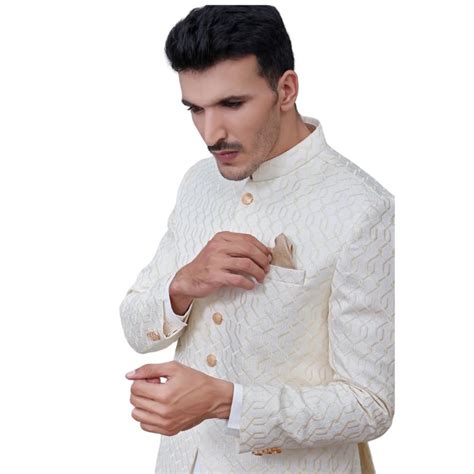 White Embroidered Jamawar Fabric Pakistani Prince Coat For Men Prince