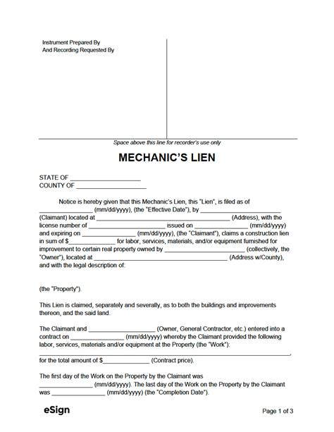 Printable Mechanics Lien Form